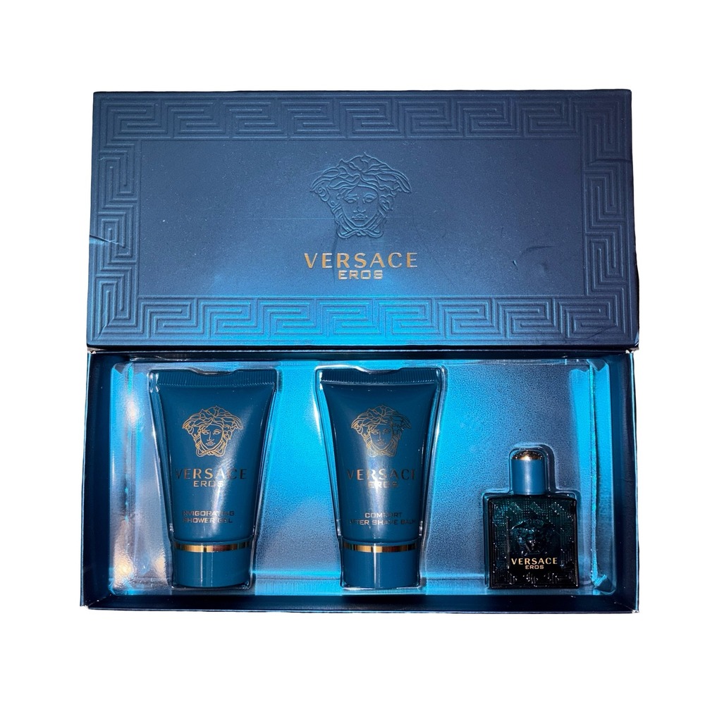 Versace Eros Mens Travel Gift Set 3 Piece Cologne Shower Gel After Shave Balm